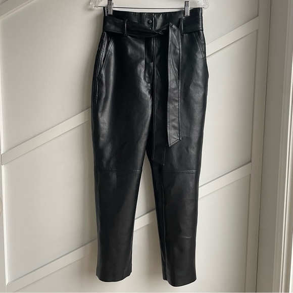 Aritzia Wilfred Black vegan Leather High-Waist Pants Tie-Front  stretchy size 6 - Picture 13 of 15